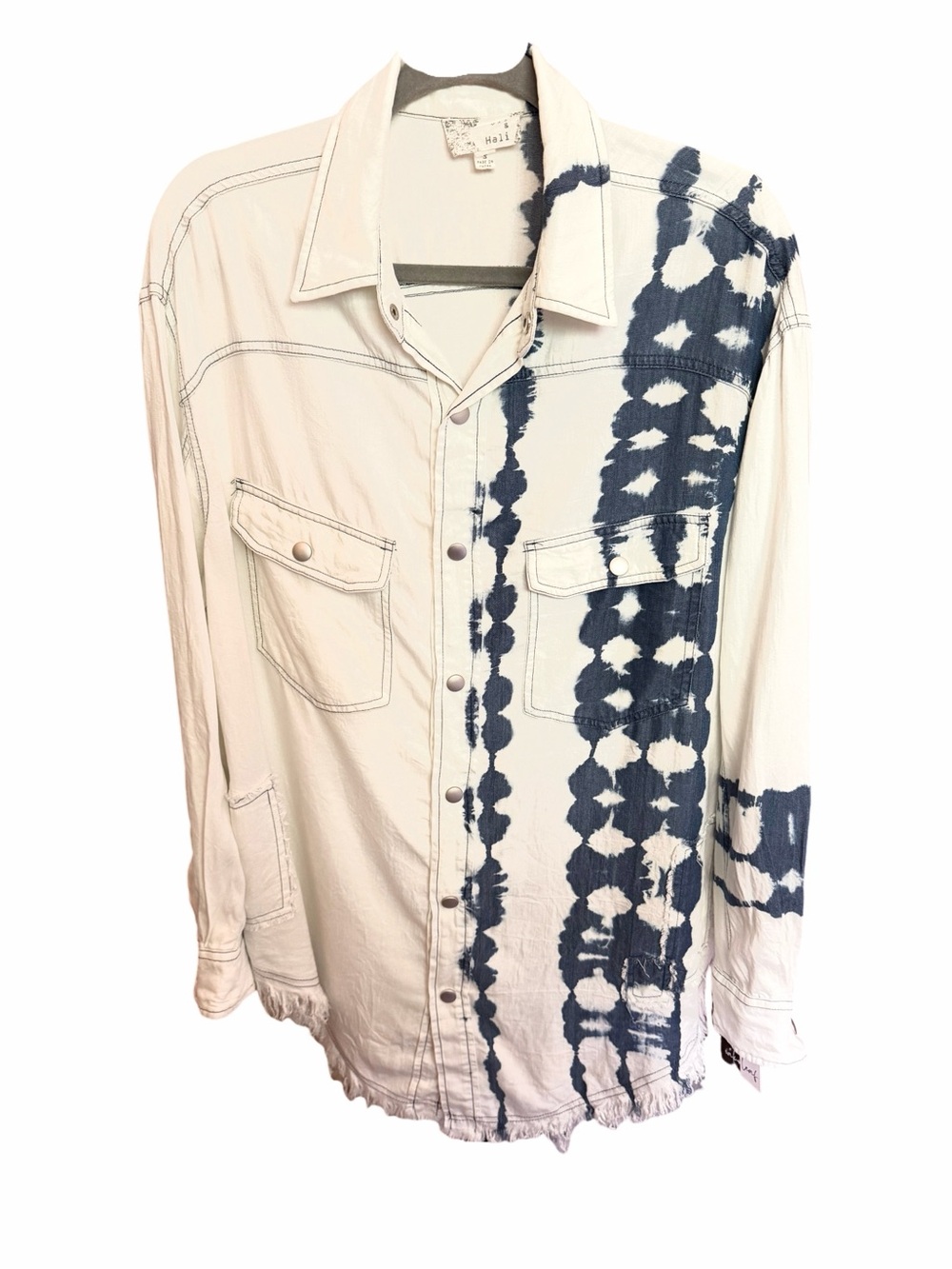 Oli & Hali Oversized White Button-Down Shirt with Navy Tie-Dye